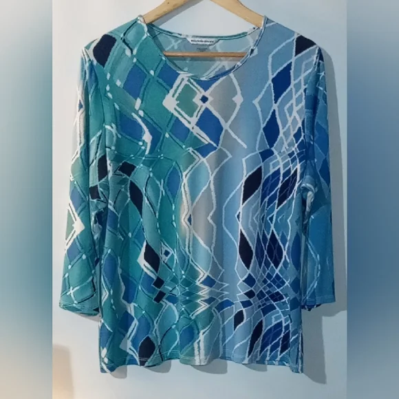 Allison Daley Large Blue Teal Abstract Geometric Blouse 3/4 Sleeve Knit Top L - Picture 2 of 7